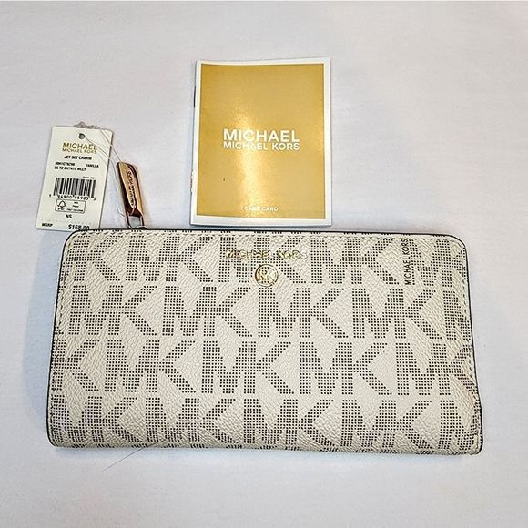 MICHAEL Michael Kors Handbags - Michael Kors Brown Leather and White Signature Print Large Continental Wallet